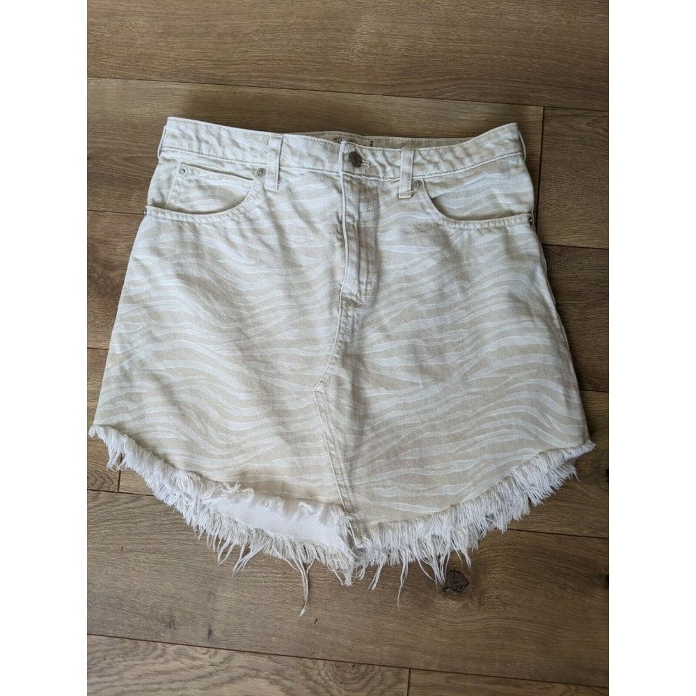 Free People Size 29 Bailey Denim Mini Skirt High-Rise zebra print fringe hem